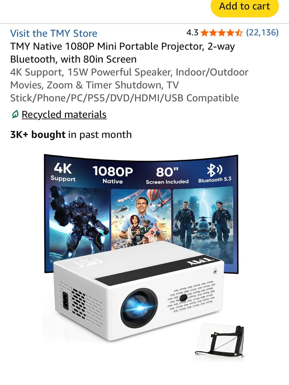 White Portable Mini Projector – 1080P Native with Bluetooth